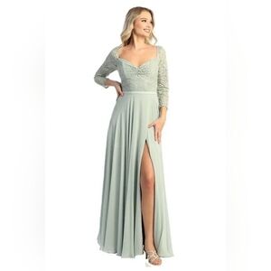 Cindy Collection Chic Long Sleeve Lace Gown in Soft Green‎ Size S